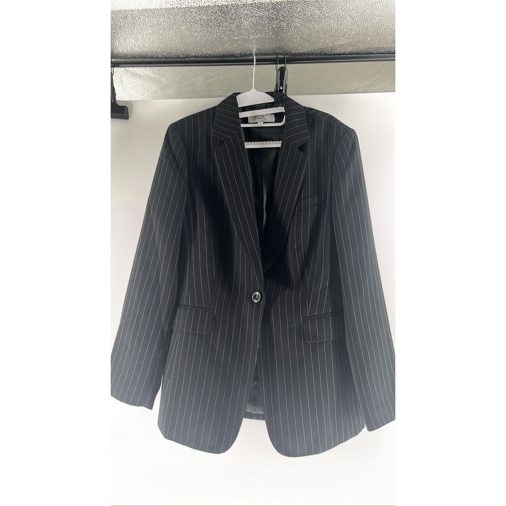 Emily Womens Black Pinstripe Single Button Blazer Jacket Size 14 Notched Lapel